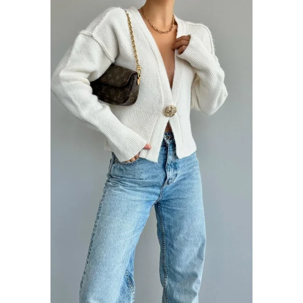 Ters Dikişli Tek Düğmeli Hırka  Krem