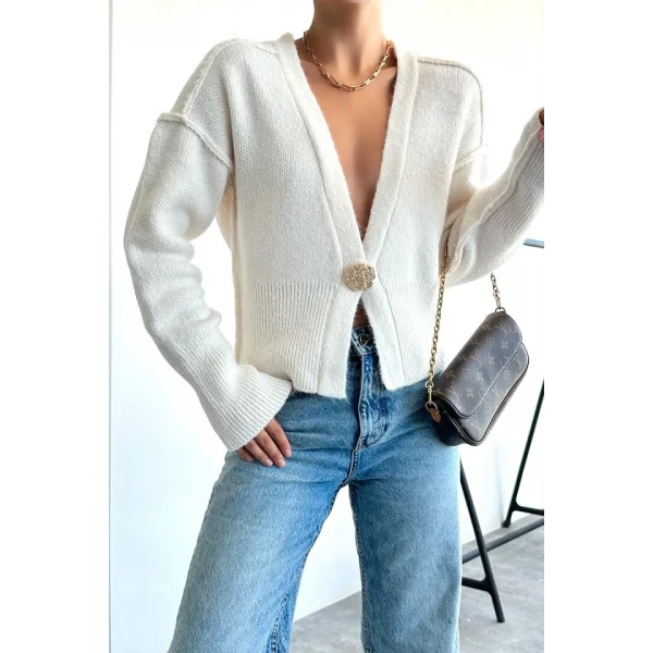 Ters Dikişli Tek Düğmeli Hırka  Krem