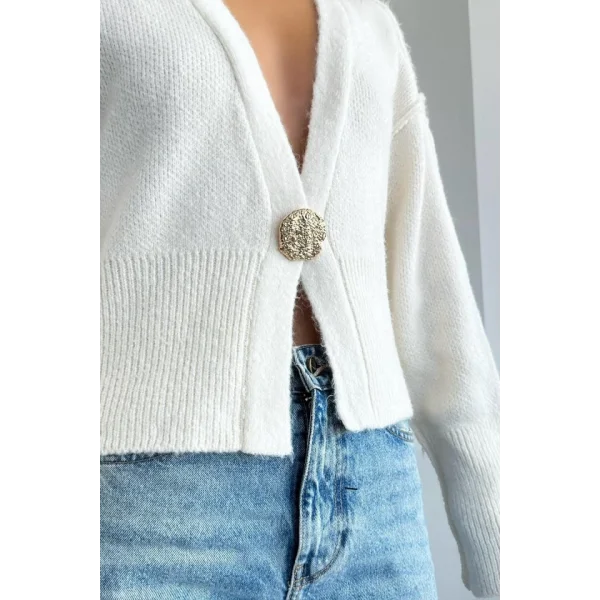 Ters Dikişli Tek Düğmeli Hırka  Krem