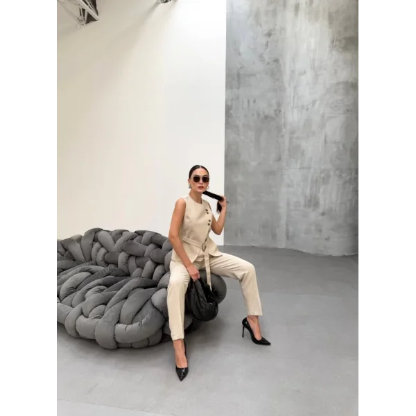 Ti̇na Asi̇metri̇k Keten Yelek Pantolon Takim