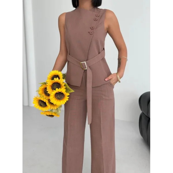 Ti̇na Asi̇metri̇k Keten Yelek Pantolon Takim