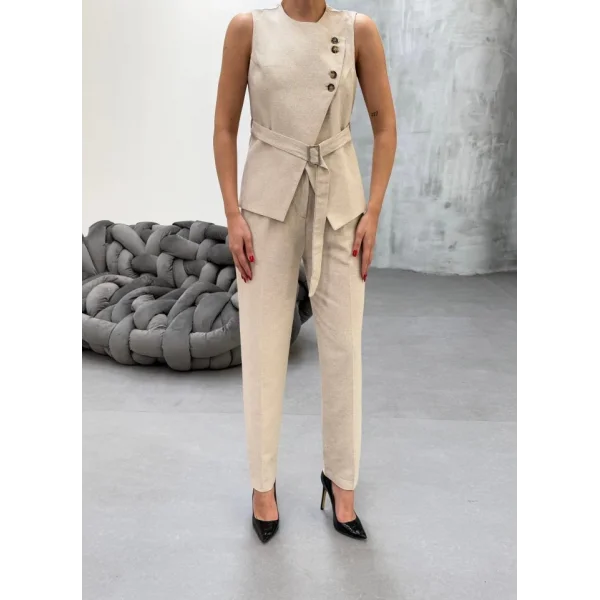 Ti̇na Asi̇metri̇k Keten Yelek Pantolon Takim