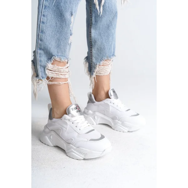 TOKYO Bağcıklı Ortopedik Taban Triko Detaylı Kadın Spor Ayakkabı  TBT - Beyaz/Gri