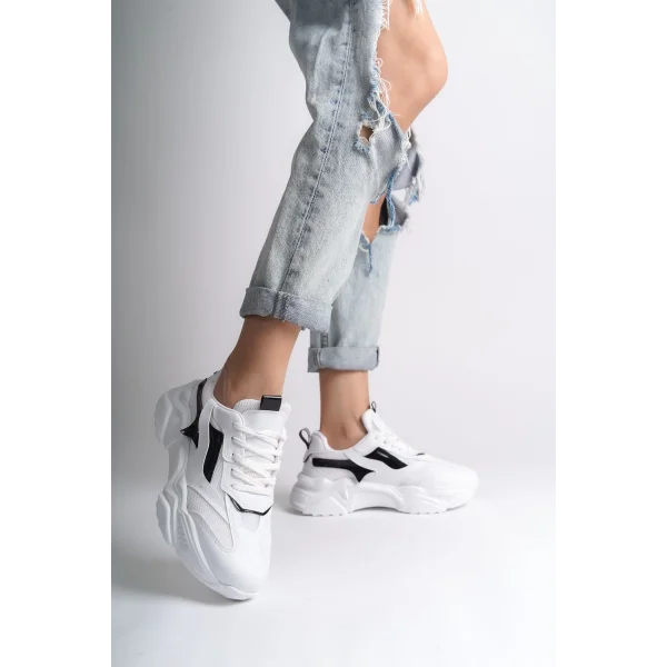 TOKYO Bağcıklı Ortopedik Taban Triko Detaylı Kadın Spor Ayakkabı  TBT - Beyaz/Siyah