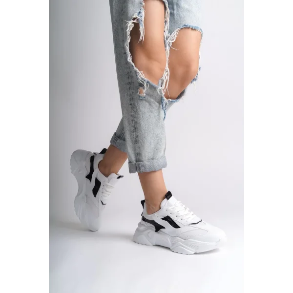 TOKYO Bağcıklı Ortopedik Taban Triko Detaylı Kadın Spor Ayakkabı  TBT - Beyaz/Siyah