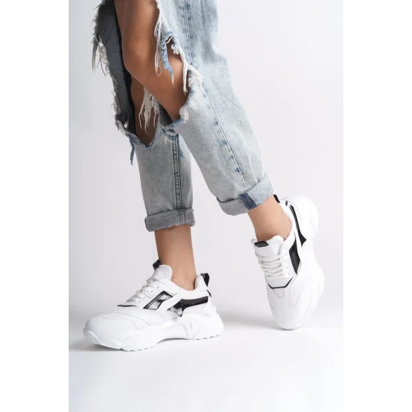 TOKYO Bağcıklı Ortopedik Taban Triko Detaylı Kadın Spor Ayakkabı  TBT - Beyaz/Siyah