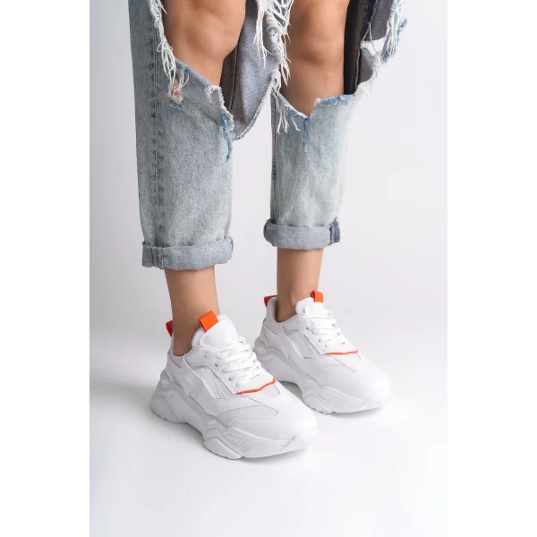 TOKYO Bağcıklı Ortopedik Taban Triko Detaylı Kadın Spor Ayakkabı  TBT - Beyaz/Turuncu