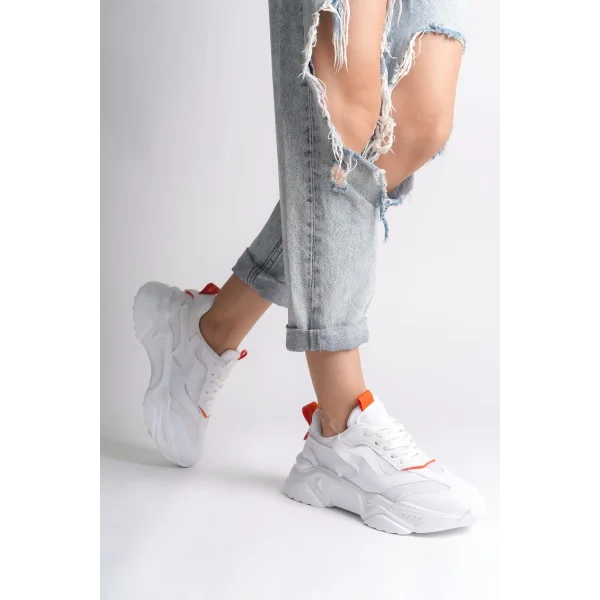 TOKYO Bağcıklı Ortopedik Taban Triko Detaylı Kadın Spor Ayakkabı  TBT - Beyaz/Turuncu