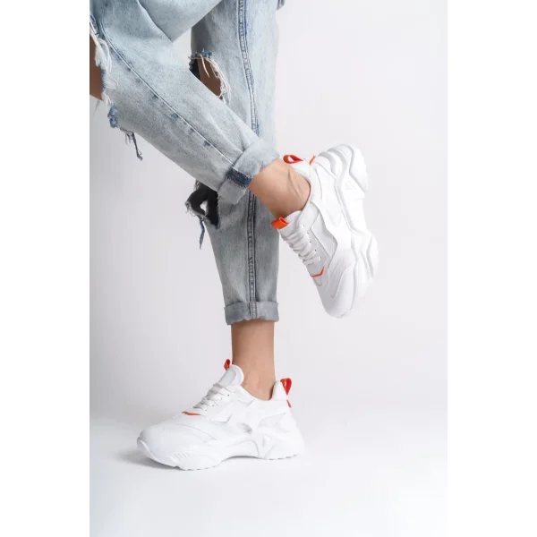 TOKYO Bağcıklı Ortopedik Taban Triko Detaylı Kadın Spor Ayakkabı  TBT - Beyaz/Turuncu