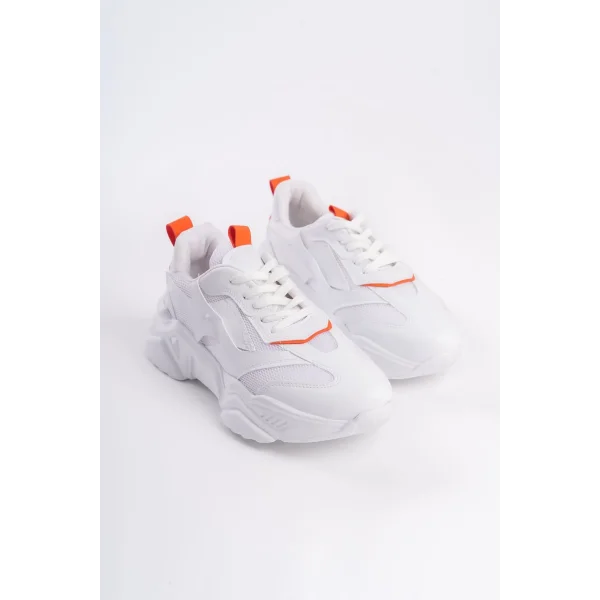 TOKYO Bağcıklı Ortopedik Taban Triko Detaylı Kadın Spor Ayakkabı  TBT - Beyaz/Turuncu