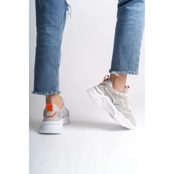 TOKYO Bağcıklı Ortopedik Taban Triko Detaylı Kadın Spor Ayakkabı  TBT - Gri/Turuncu
