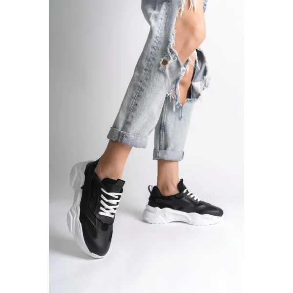 TOKYO Bağcıklı Ortopedik Taban Triko Detaylı Kadın Spor Ayakkabı  TBT - Siyah