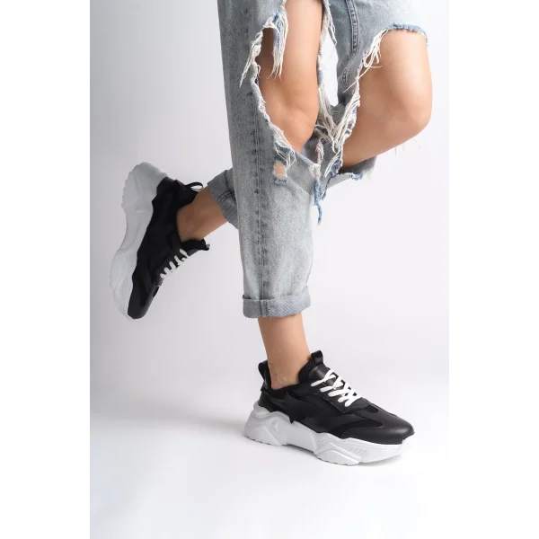 TOKYO Bağcıklı Ortopedik Taban Triko Detaylı Kadın Spor Ayakkabı  TBT - Siyah