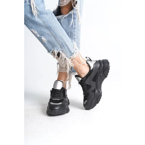 TOKYO Bağcıklı Ortopedik Taban Triko Detaylı Kadın Spor Ayakkabı  TST - Siyah/Gri