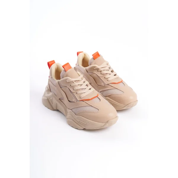 TOKYO Bağcıklı Ortopedik Taban Triko Detaylı Kadın Spor Ayakkabı  TTT - Ten/Turuncu