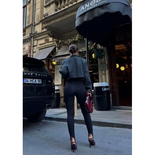 Toparlayıcı füzo tayt Likralı Ayak Detaylı - Siyah