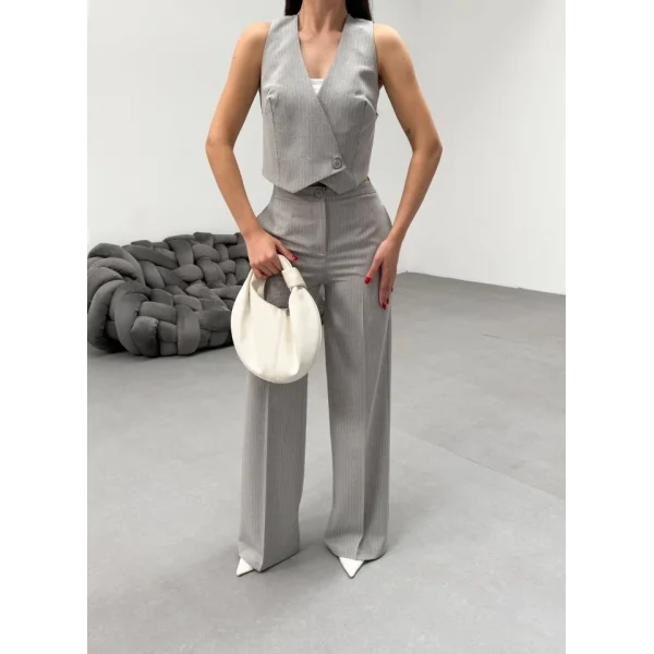 Toskana Çi̇zgi̇li̇ Kruvaze Yaka Tek Düğmeli̇ Yelek Pantolon Takim