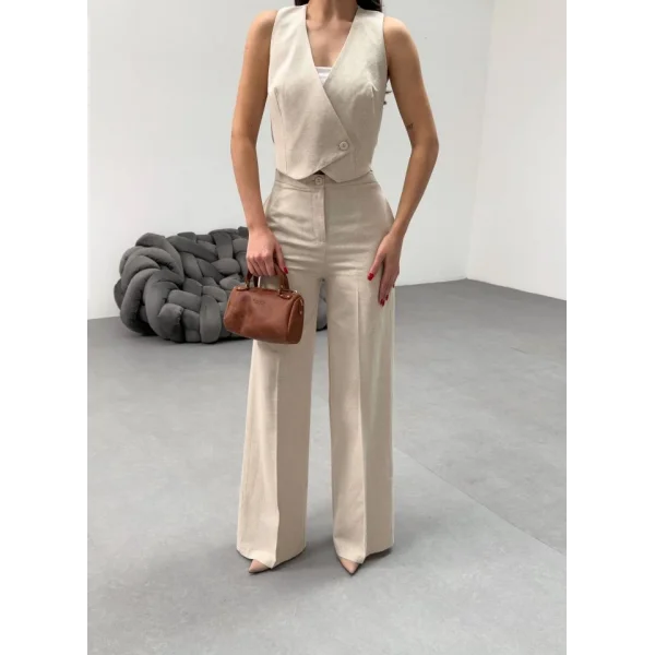 Toskana Keten Kruvaze Yaka Tek Düğmeli̇ Yelek Pantolon Takim