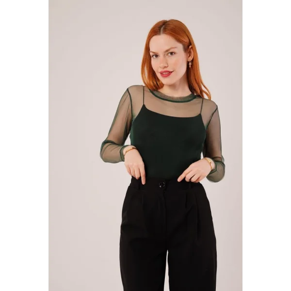 Transparan Yeşil Tül Basic Bluz