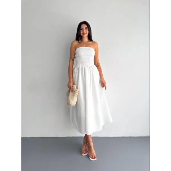 traplez Pileli Elbise  Beyaz