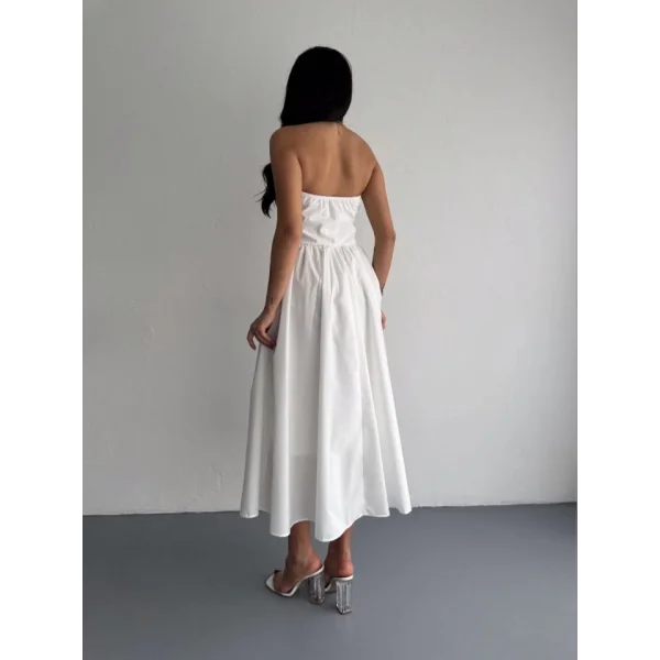 traplez Pileli Elbise  Beyaz