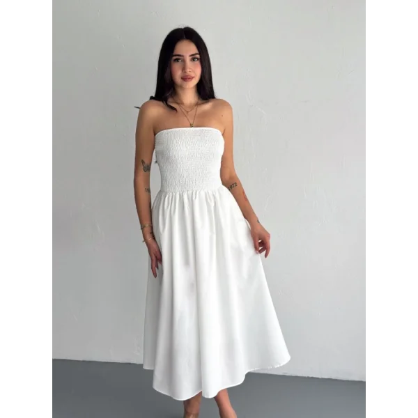 traplez Pileli Elbise  Beyaz