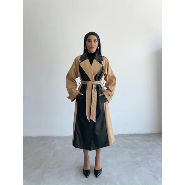 TRENCH BOYUNA DERİ PARÇALI - Bej