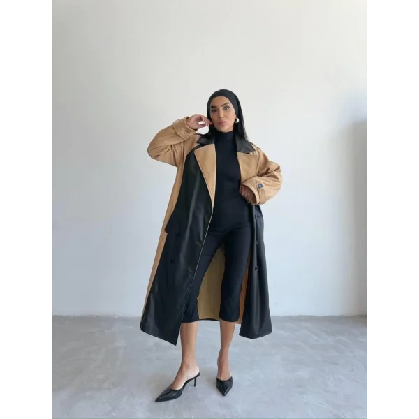 TRENCH BOYUNA DERİ PARÇALI - Bej
