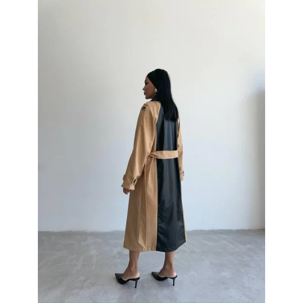 TRENCH BOYUNA DERİ PARÇALI - Bej