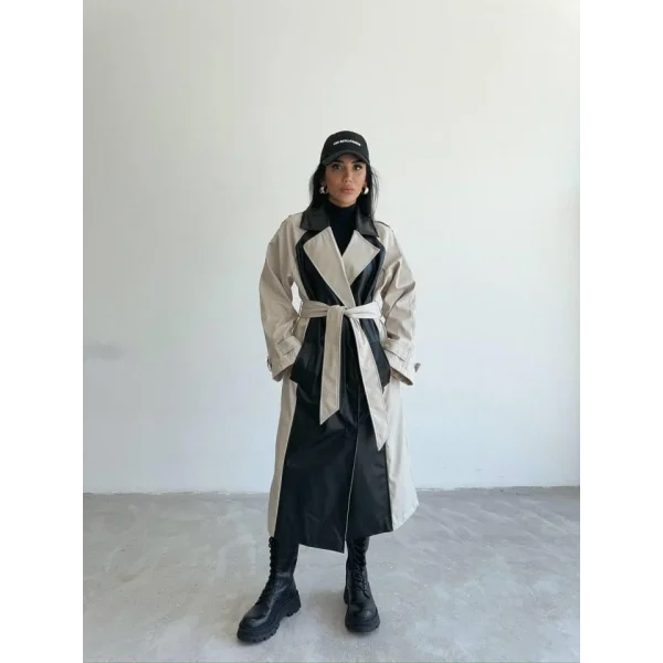 TRENCH BOYUNA DERİ PARÇALI - Taş