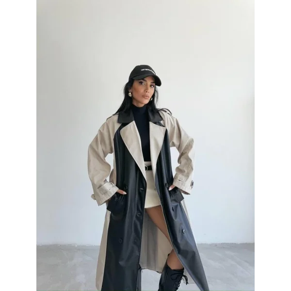 TRENCH BOYUNA DERİ PARÇALI - Taş