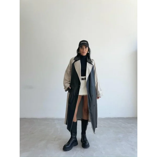 TRENCH BOYUNA DERİ PARÇALI - Taş