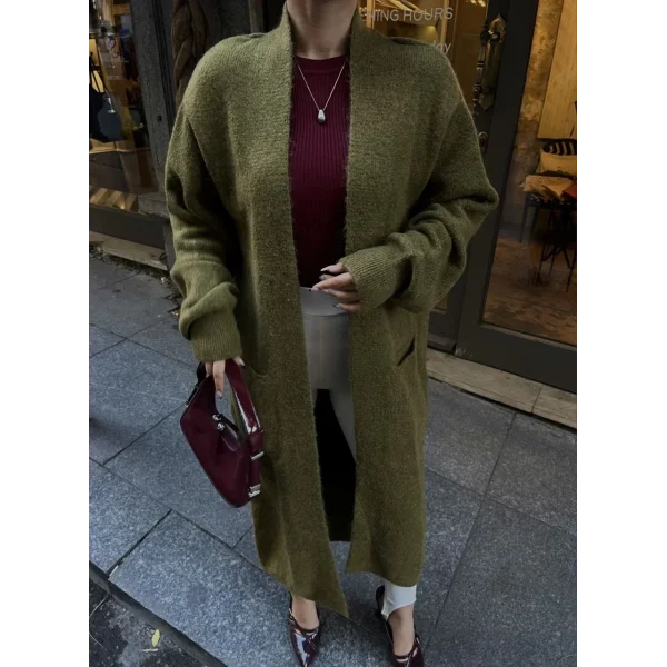 Triko Cepli Uzun Hırka- Haki