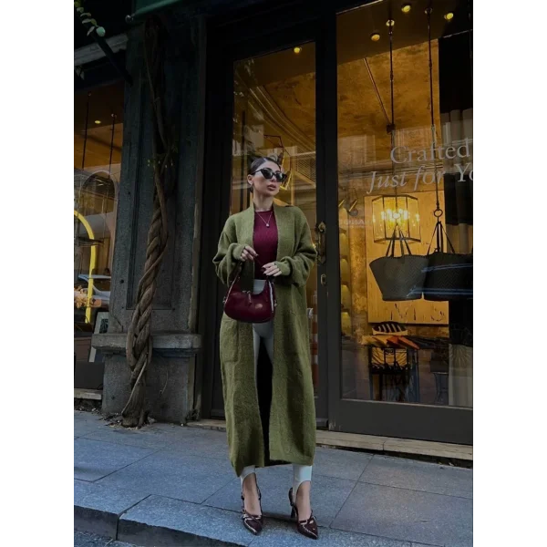 Triko Cepli Uzun Hırka- Haki