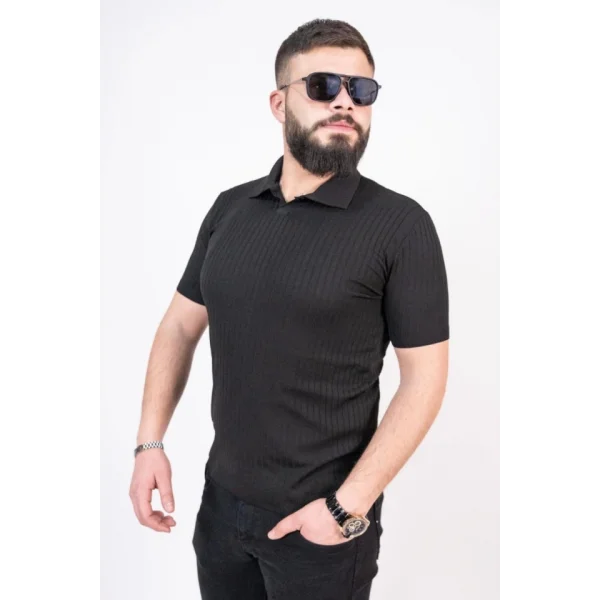 Triko Dokuma Yakalı T-shirt - Siyah