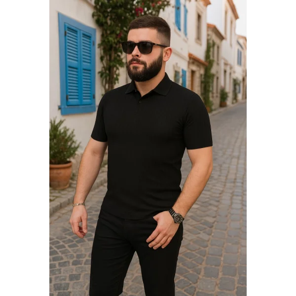 Triko Dokuma Yakalı T-shirt - Siyah