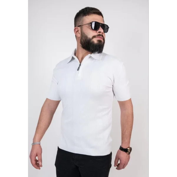 Triko Dokuma Yarım Fermuarlı Yakalı T-shirt - Beyaz