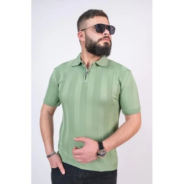 Triko Dokuma Yarım Fermuarlı Yakalı T-shirt - Su Yeşili