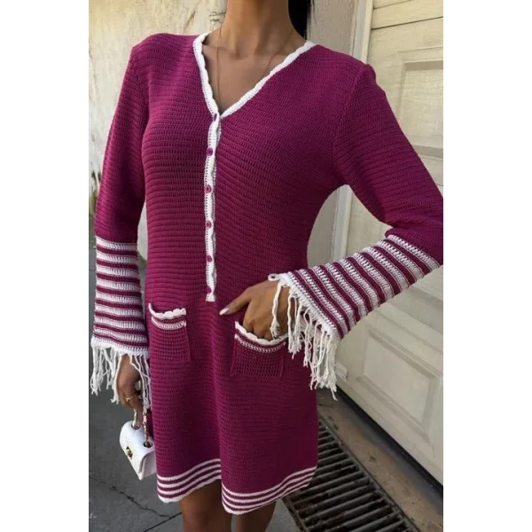 Triko Kolları Püsküllü Düğmeli Elbise 2849