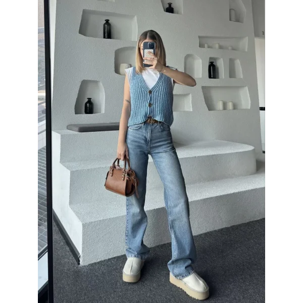 Triko Kolsuz Düğmeli Yelek - Mavi