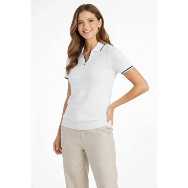 Triko Kumaş Yakalı Düğmesiz Açık Yaka Fitilli Kısa Kollu Regular Fit Tişört T-shirt - Beyaz