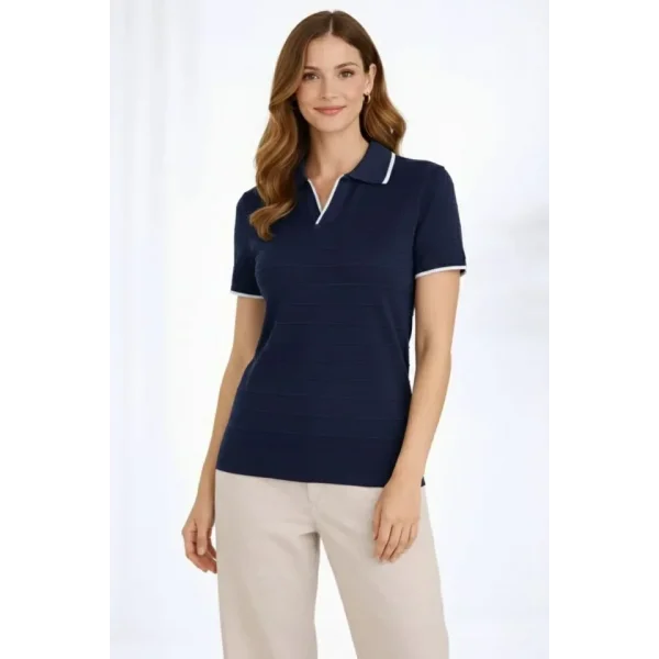 Triko Kumaş Yakalı Düğmesiz Açık Yaka Fitilli Kısa Kollu Regular Fit Tişört T-shirt - Lacivert