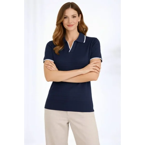 Triko Kumaş Yakalı Düğmesiz Açık Yaka Fitilli Kısa Kollu Regular Fit Tişört T-shirt - Lacivert