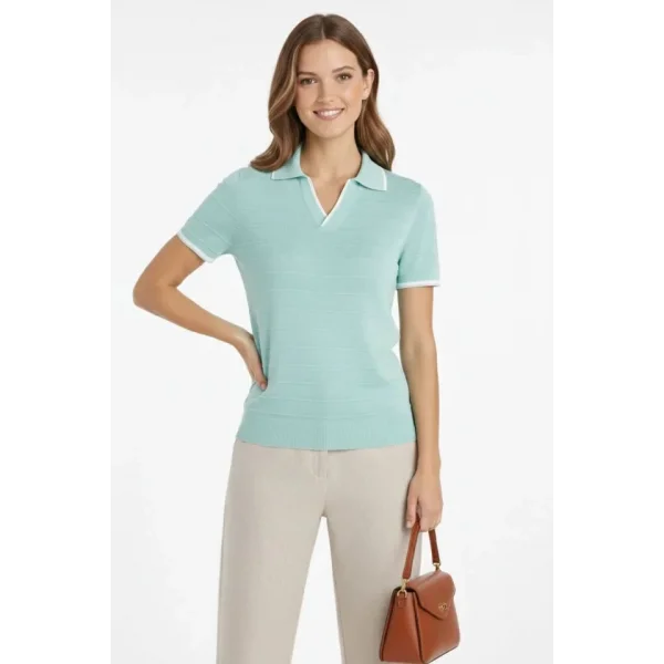 Triko Kumaş Yakalı Düğmesiz Açık Yaka Fitilli Kısa Kollu Regular Fit Tişört T-shirt - Mint Yeşili