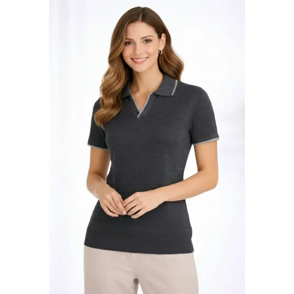 Triko Kumaş Yakalı Düğmesiz Açık Yaka Fitilli Kısa Kollu Regular Fit Tişört T-shirt - Siyah