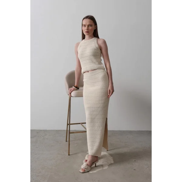 Triko Yırtmaçlı Etek - Ekru