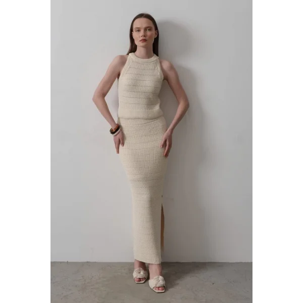 Triko Yırtmaçlı Etek - Ekru