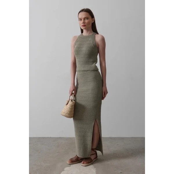 Triko Yırtmaçlı Etek - Yeşil