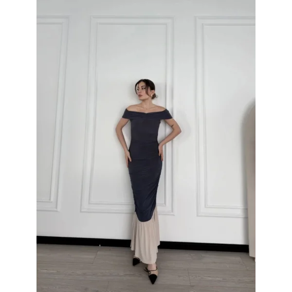 triptiz Omuzlu Uzun Elbise Füme