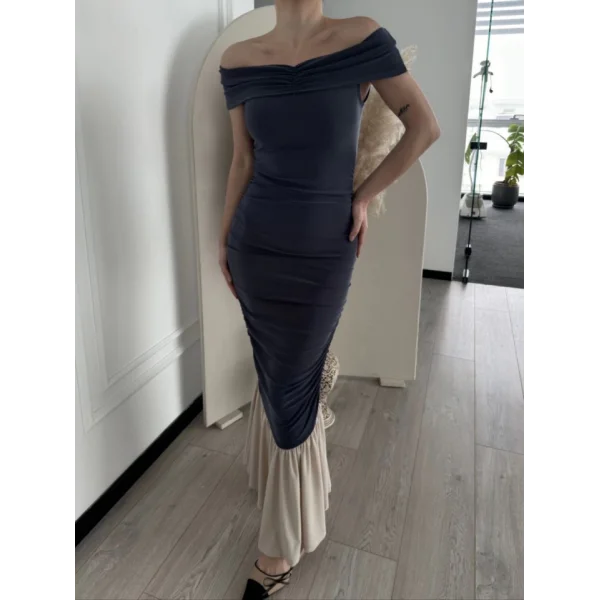 triptiz Omuzlu Uzun Elbise Füme